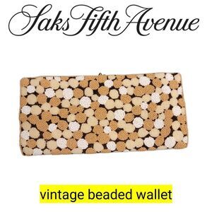 Vintage Formal Beaded Clutch Saks Fifth Avenue Neutral Satin Cocktail Bag